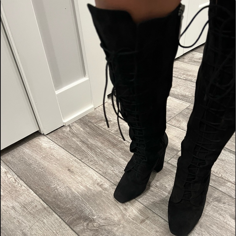Black suede Saint Laurent knee length boots size 37.5. Never worn.